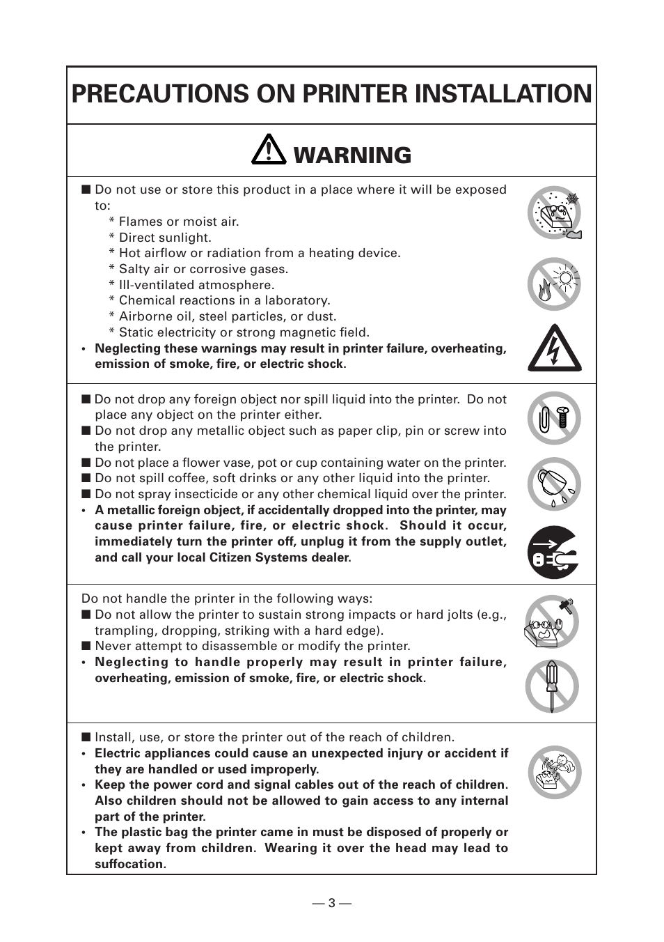 Precautions on printer installation, Warning | CITIZEN S4000DCM User Manual | Page 6 / 38