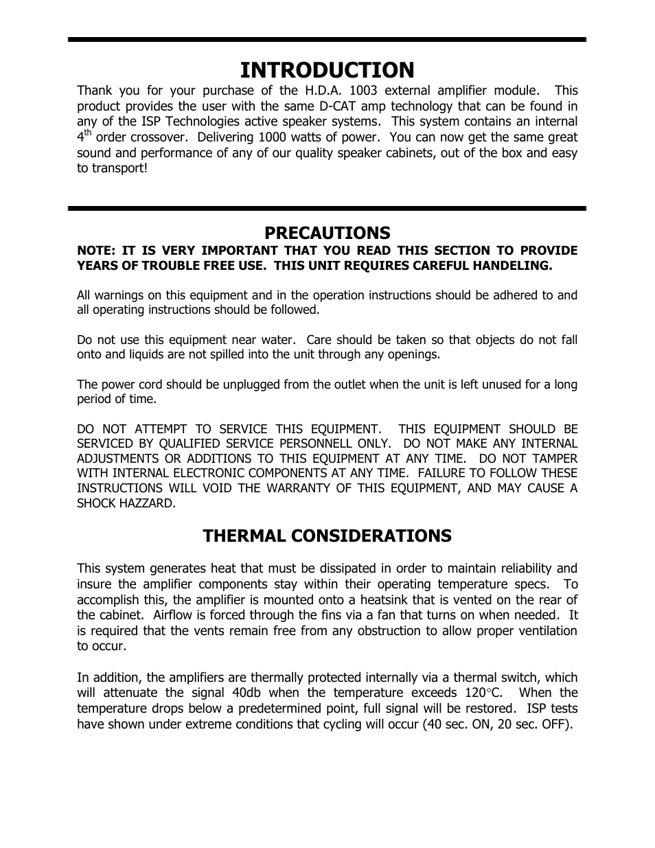 Introduction, Precautions, Thermal considerations | ISP Technologies HDA 1003 Remote Amplifier User Manual | Page 3 / 6