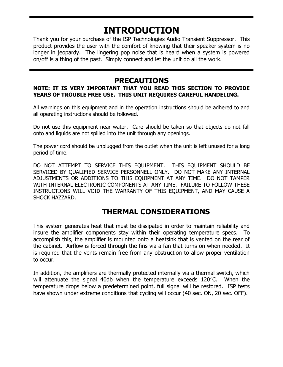 Introduction, Precautions, Thermal considerations | ISP Technologies Audio Transient Supressor User Manual | Page 3 / 6