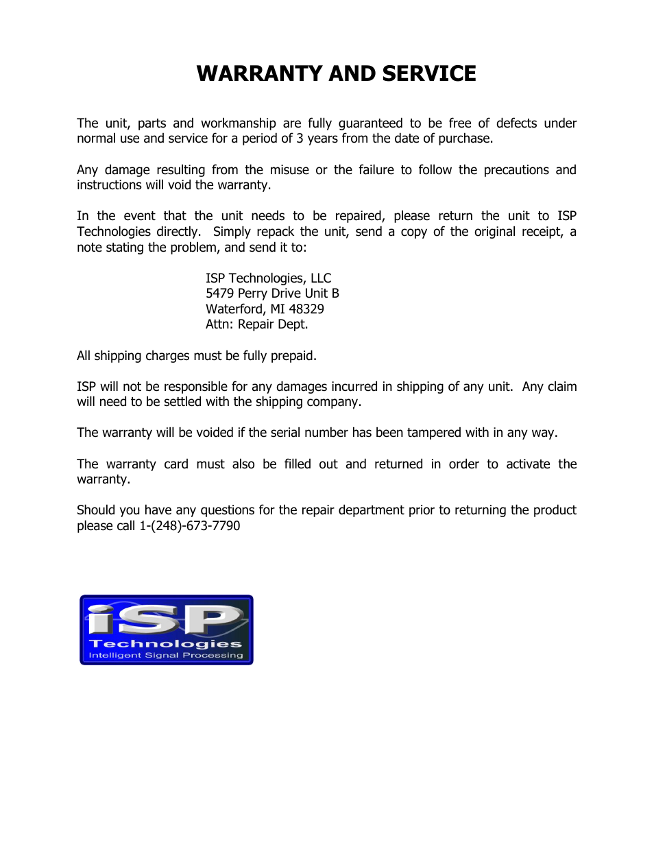 Warranty and service | ISP Technologies Audio Transient Supressor User Manual | Page 6 / 6