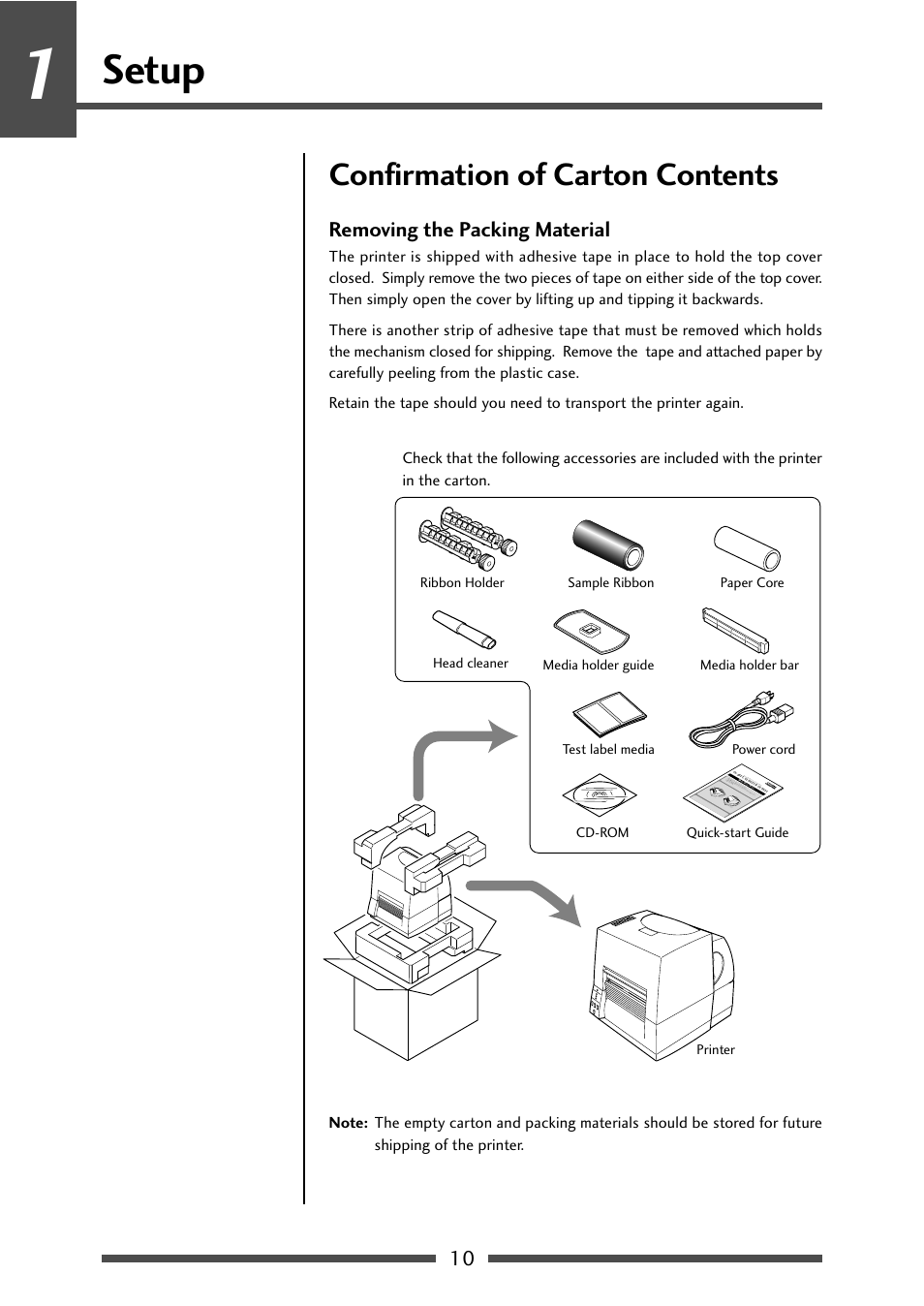 Setup, Confirmation of carton contents, Removing the packing material | CITIZEN CL-S631 User Manual | Page 10 / 66