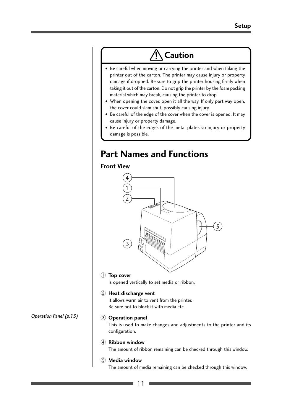 Part names and functions, Front view, Caution | CITIZEN CL-S631 User Manual | Page 11 / 66
