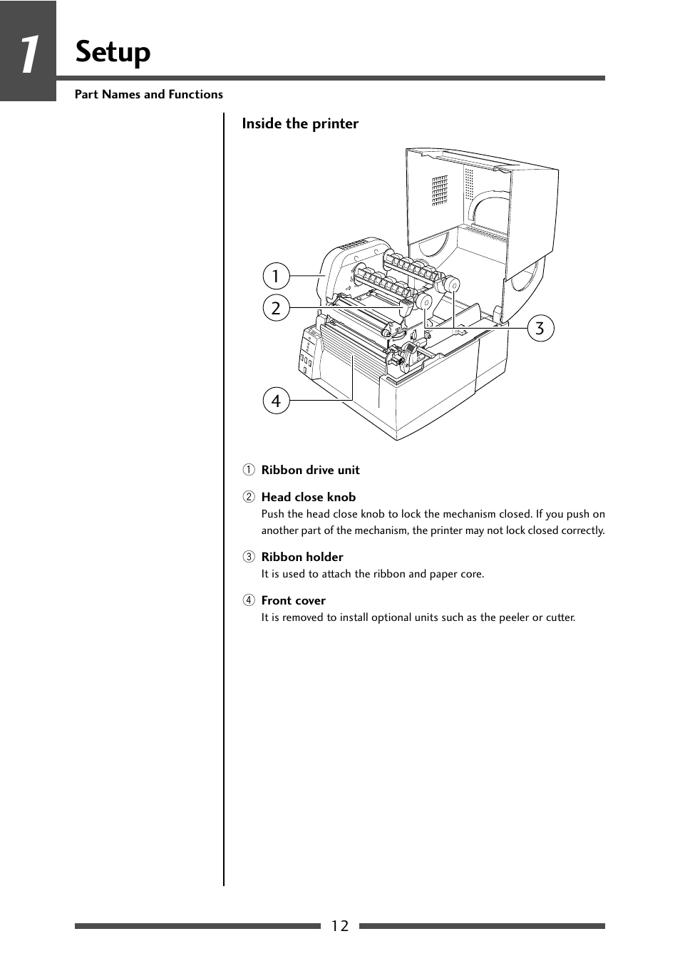 Inside the printer1, Setup | CITIZEN CL-S631 User Manual | Page 12 / 66