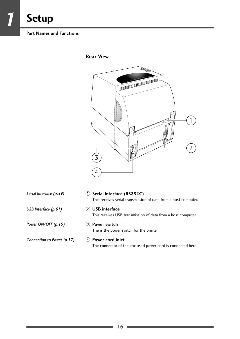 Rear view, Setup | CITIZEN CL-S631 User Manual | Page 16 / 66