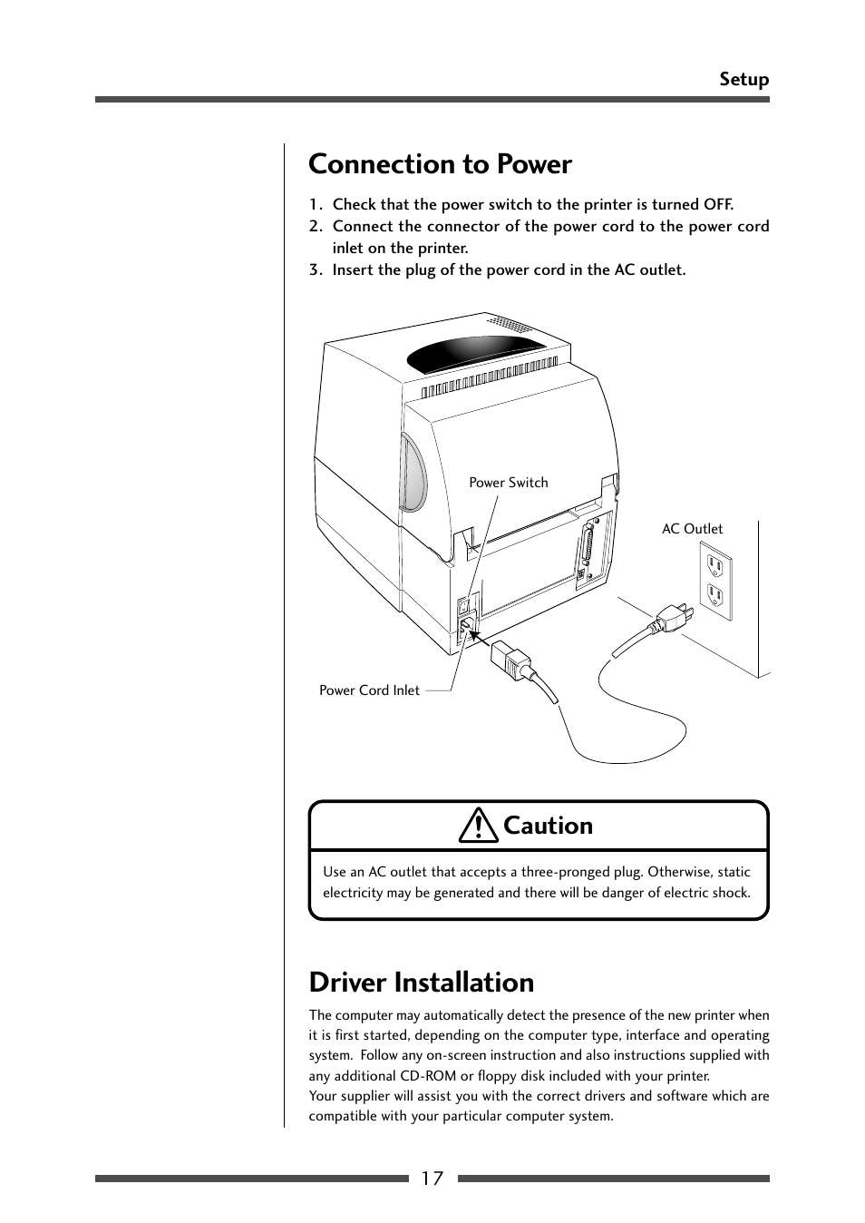 Connection to power, Driver installation, Connection to power driver installation | Connection to power (p.17), Caution | CITIZEN CL-S631 User Manual | Page 17 / 66