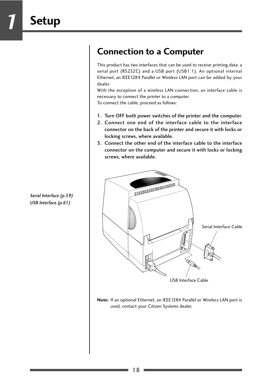 Connection to a computer, Setup | CITIZEN CL-S631 User Manual | Page 18 / 66