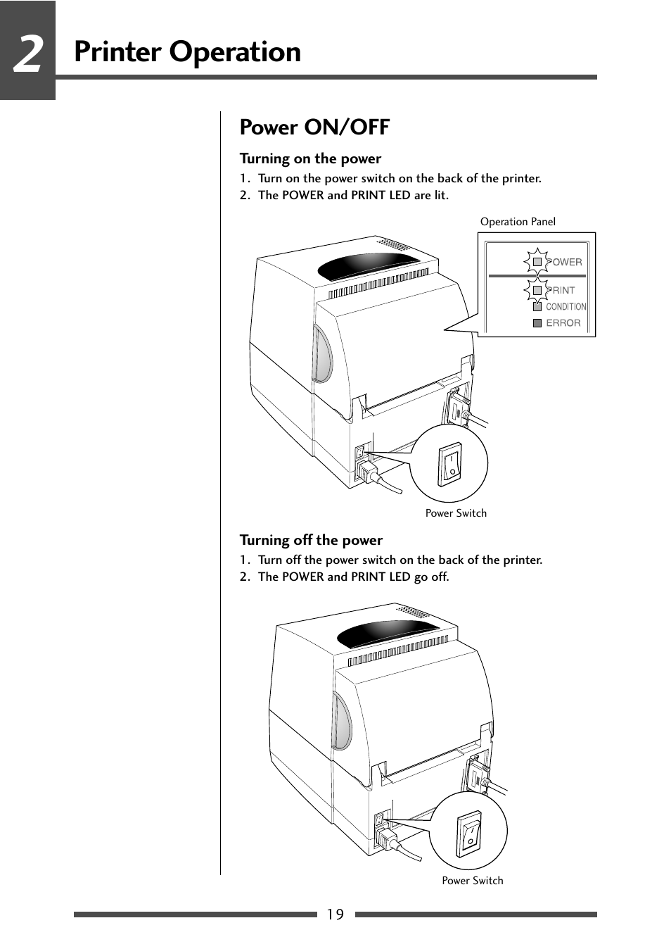 Printer operation, Power on/off, Turning on the power | Turning off the power, Power on/off (p.19) | CITIZEN CL-S631 User Manual | Page 19 / 66