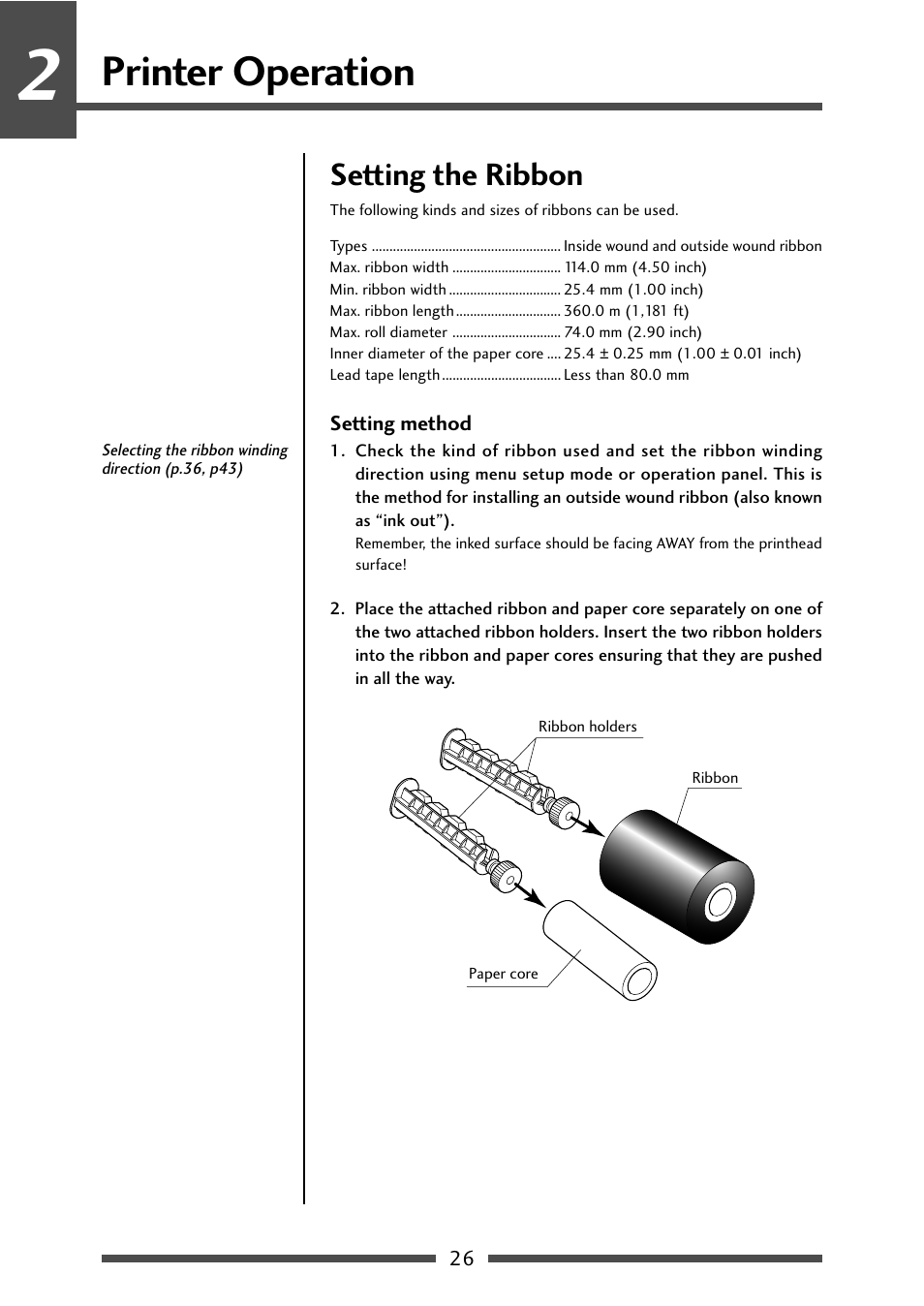 Setting the ribbon, Setting method, Printer operation | CITIZEN CL-S631 User Manual | Page 26 / 66