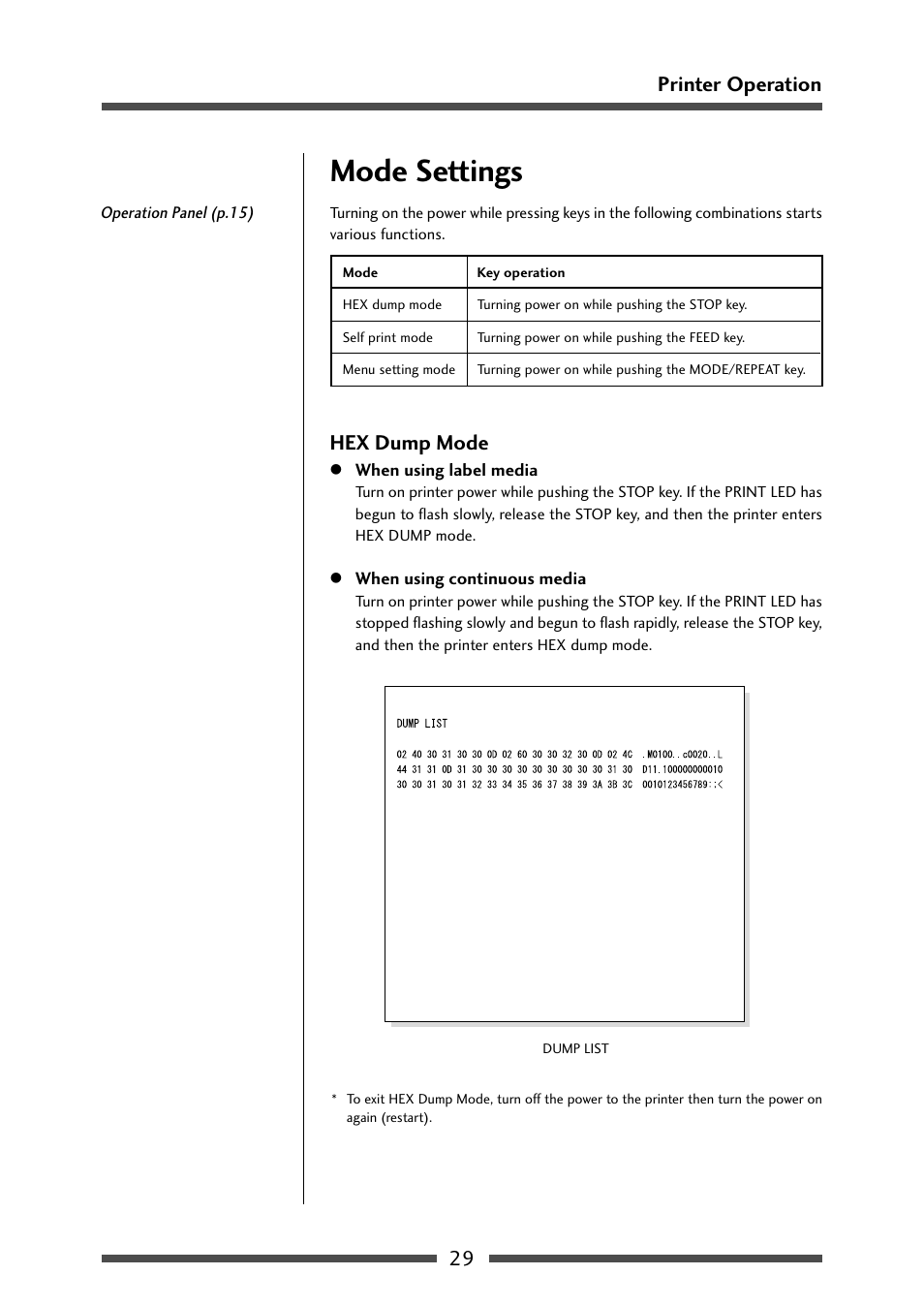 Mode settings, Hex dump mode, 29 printer operation | CITIZEN CL-S631 User Manual | Page 29 / 66