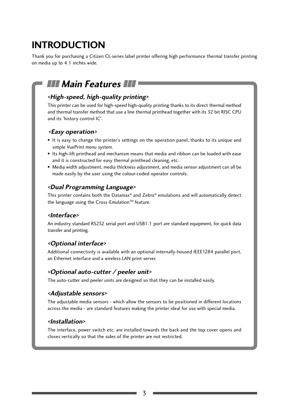 Before operation, Introduction, Main features | CITIZEN CL-S631 User Manual | Page 3 / 66