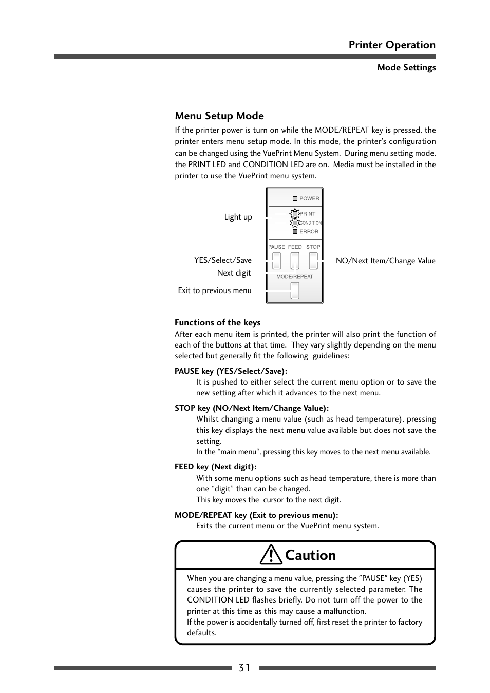 Menu setting mode, Caution, 31 printer operation menu setup mode | CITIZEN CL-S631 User Manual | Page 31 / 66