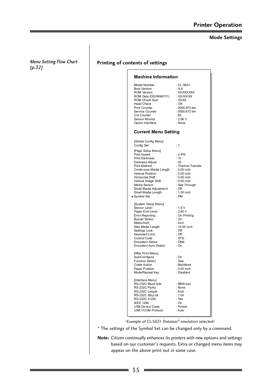 Example of printing (2/2), Printing of contents of settings (p.35), 35 printer operation | Printing of contents of settings, Mode settings, Menu setting flow chart (p.32), Machine information, Current menu setting | CITIZEN CL-S631 User Manual | Page 35 / 66