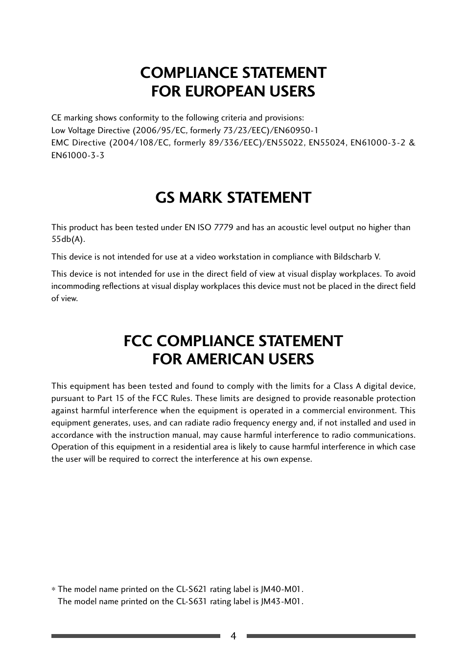 Compliance statement for european users, Gs mark statement, Fcc compliance statement for american users | CITIZEN CL-S631 User Manual | Page 4 / 66