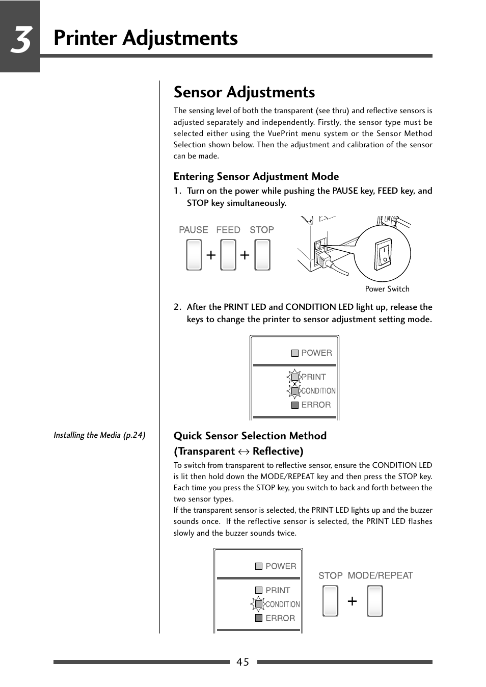 Printer adjustments, Sensor adjustments, Entering sensor adjustment mode | Sensor selection method, Quick sensor selection method (transparent, Reflective), P.45) | CITIZEN CL-S631 User Manual | Page 45 / 66