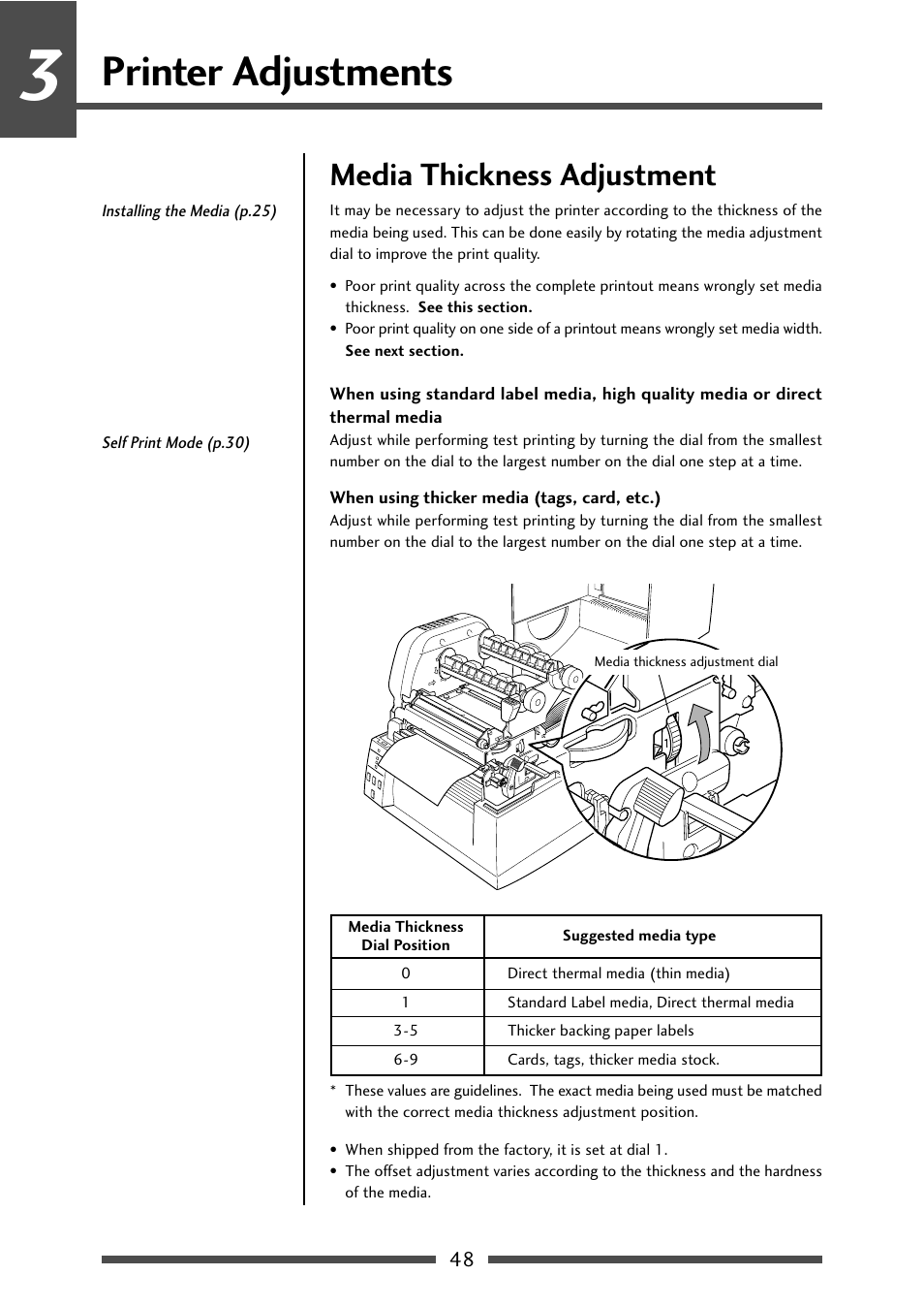 Media thickness adjustment, Media thickness adjustment (p.48), Printer adjustments | CITIZEN CL-S631 User Manual | Page 48 / 66