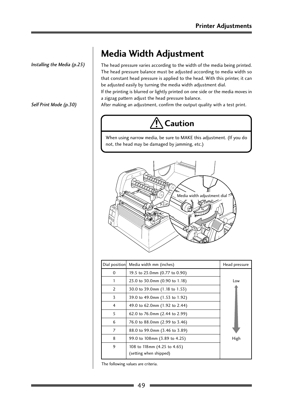 Media width adjustment, Media width adjustment (p.49), Caution | 49 printer adjustments | CITIZEN CL-S631 User Manual | Page 49 / 66