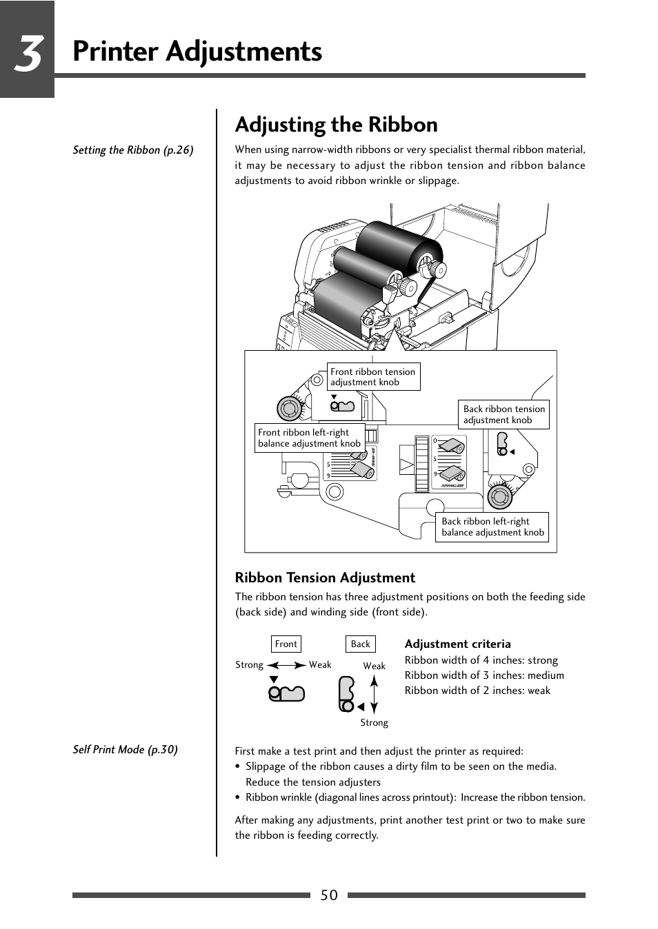 Adjusting the ribbon, Ribbon tension adjustment, Ribbon tension adjustment (p.50) | Printer adjustments | CITIZEN CL-S631 User Manual | Page 50 / 66