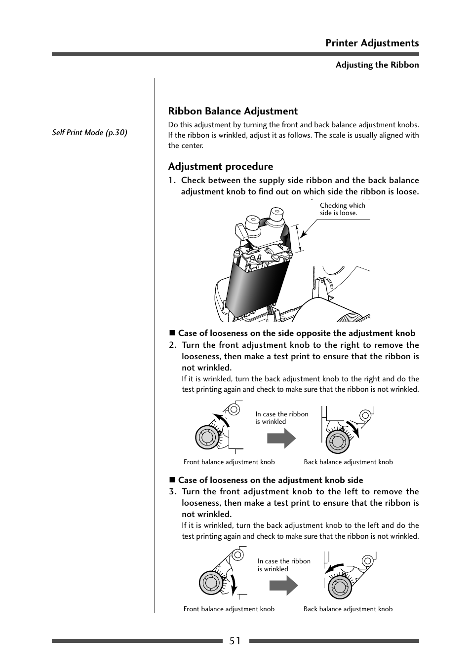 Ribbon balance adjustment, Ribbon balance adjustment (p.51), 51 printer adjustments ribbon balance adjustment | Adjustment procedure | CITIZEN CL-S631 User Manual | Page 51 / 66