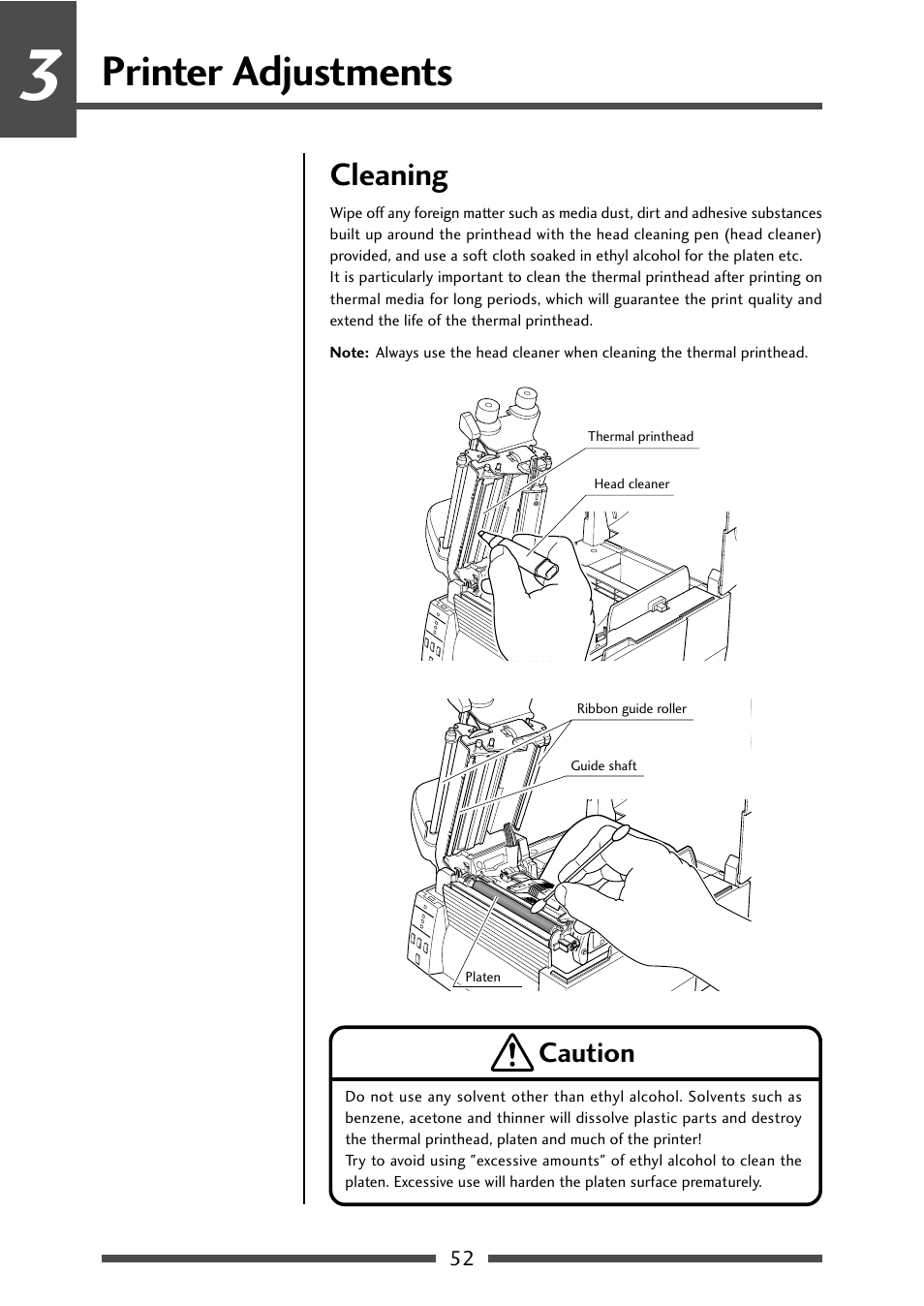 Cleaning, Printer adjustments, Caution | CITIZEN CL-S631 User Manual | Page 52 / 66