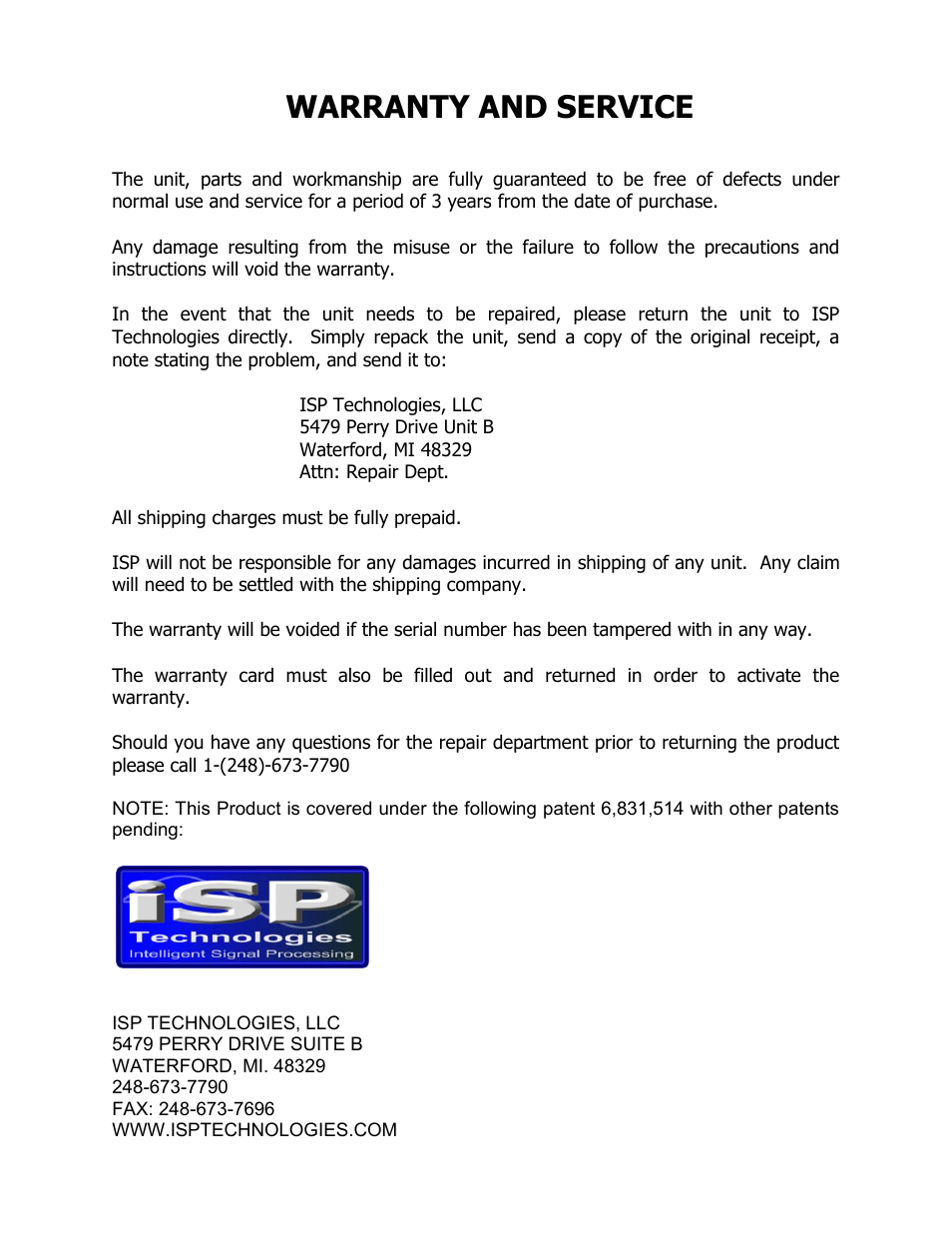 Warranty and service | ISP Technologies HDDS Master Control Module User Manual | Page 12 / 12