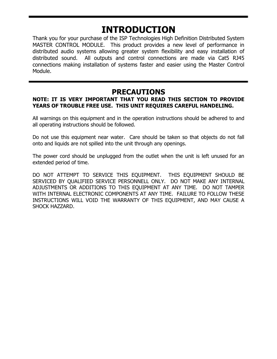 Introduction, Precautions | ISP Technologies HDDS Master Control Module User Manual | Page 3 / 12