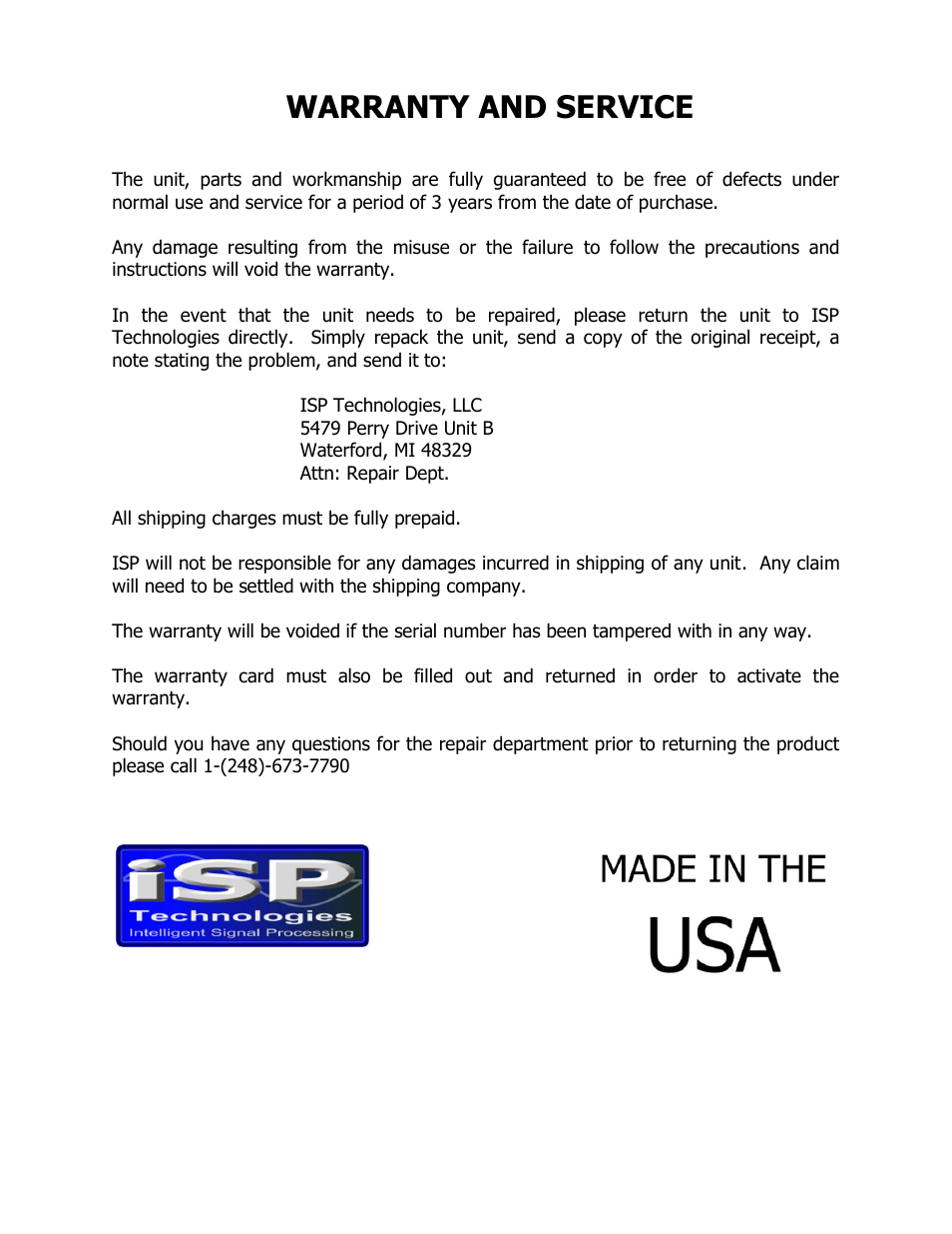 Warranty and service | ISP Technologies SB 112 User Manual | Page 9 / 9