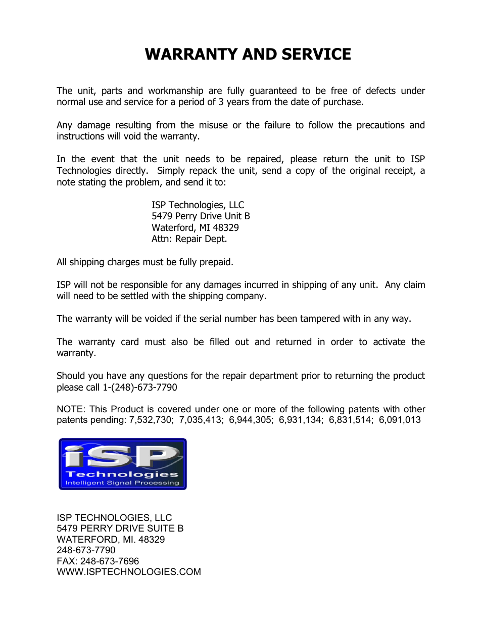 Warranty and service | ISP Technologies CS 650 User Manual | Page 13 / 13