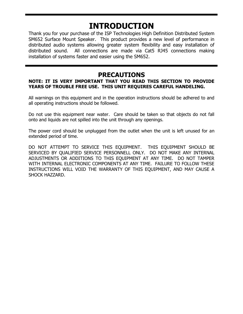 Introduction, Precautions | ISP Technologies SM 652 W/B User Manual | Page 3 / 9