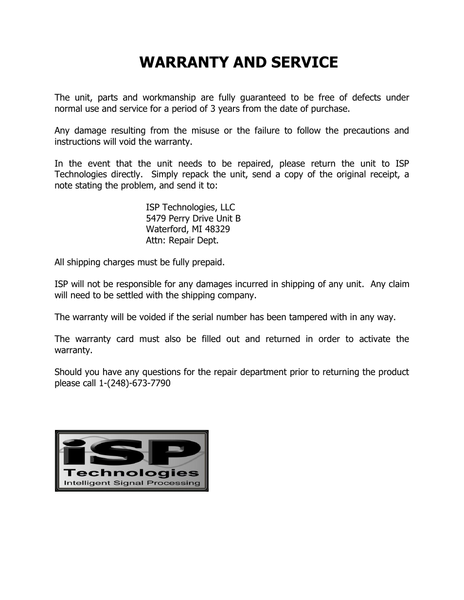 Warranty and service | ISP Technologies SM 652 W/B User Manual | Page 9 / 9