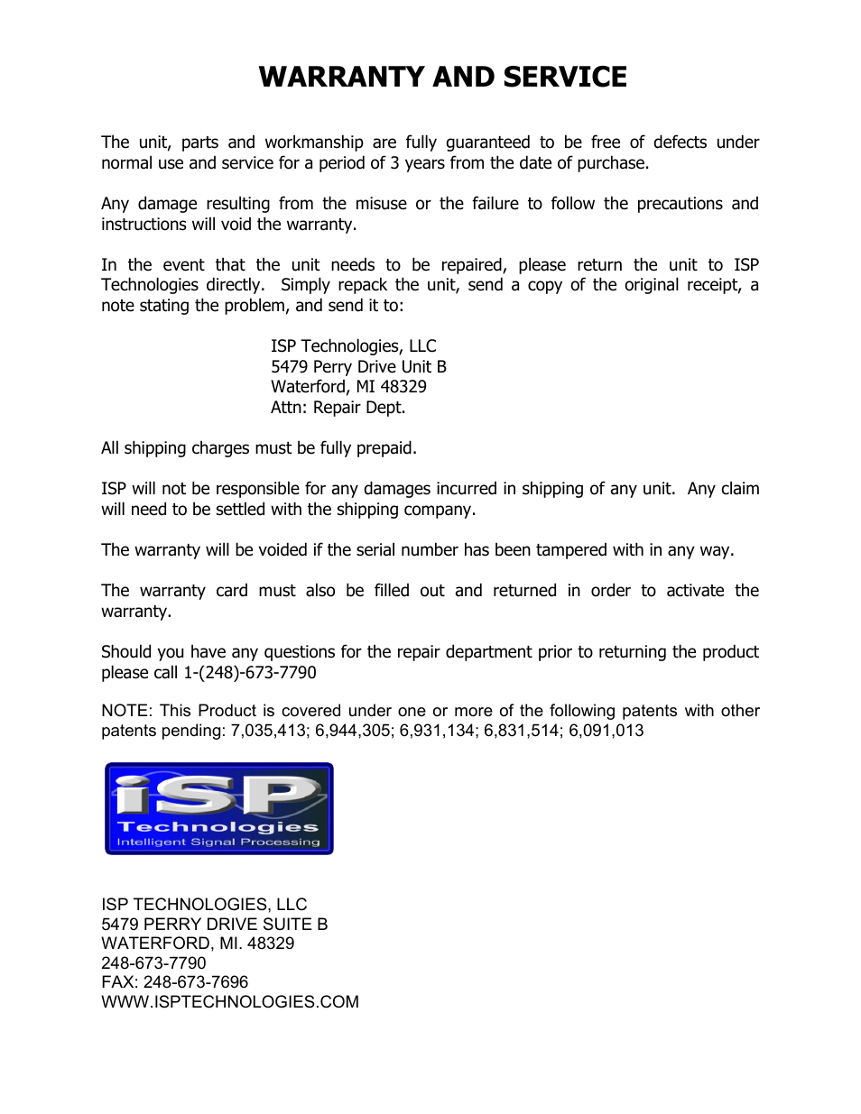 Warranty and service | ISP Technologies CS 651 User Manual | Page 11 / 11