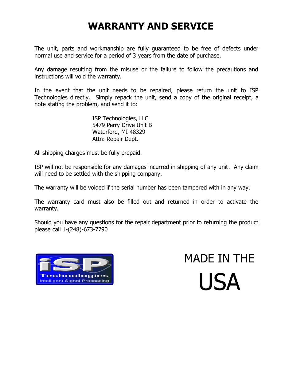 Warranty and service | ISP Technologies SM 2110 User Manual | Page 9 / 9