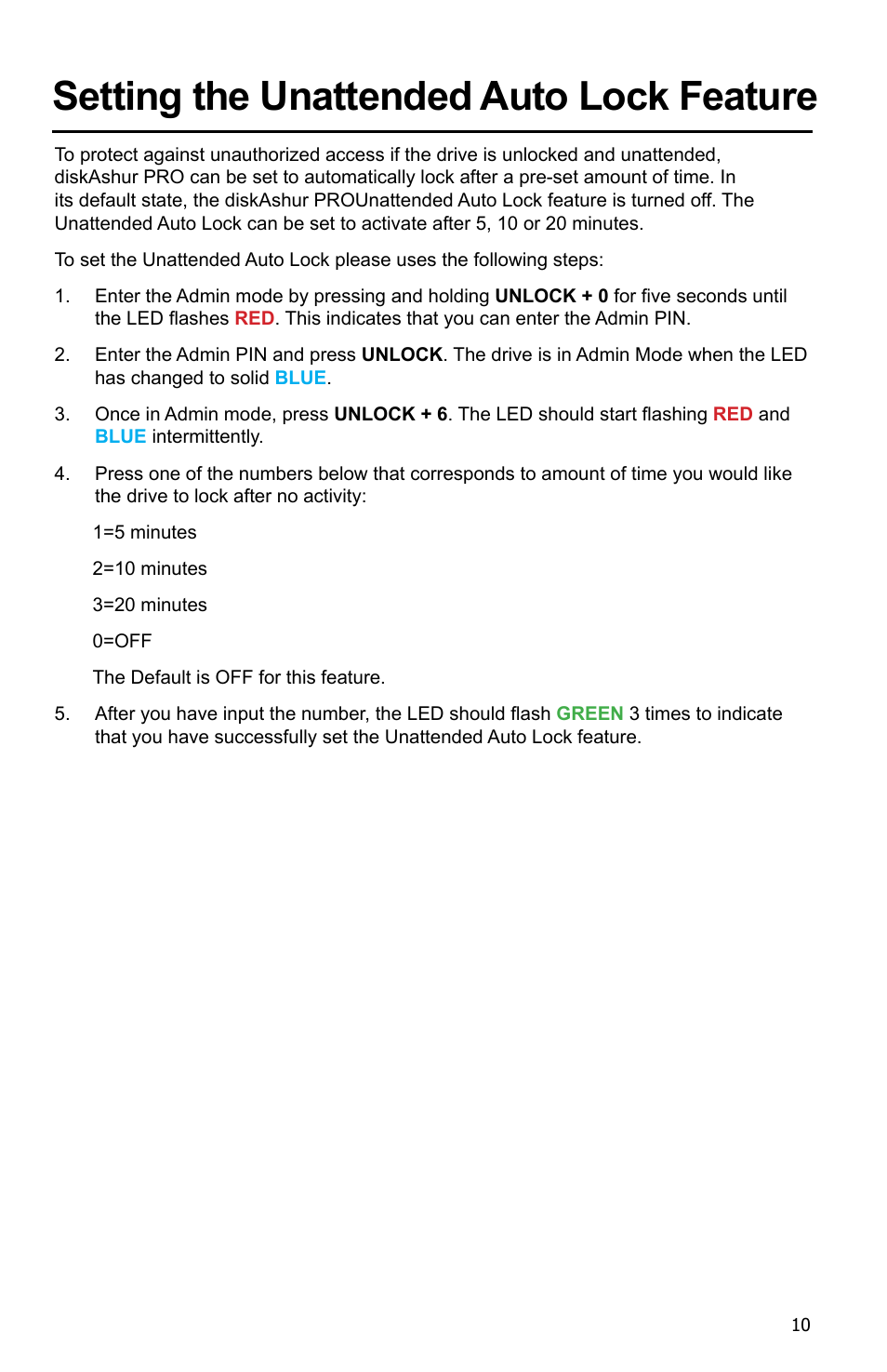 Setting the unattended auto lock feature | iStorage diskAshur Pro Manual User Manual | Page 10 / 19