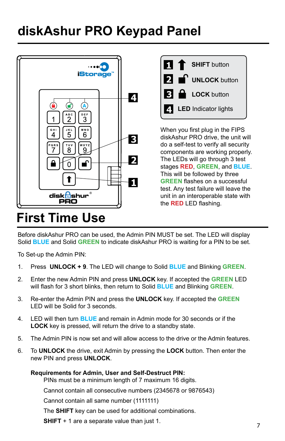 First time use, Diskashur pro keypad panel | iStorage diskAshur Pro Manual User Manual | Page 7 / 19
