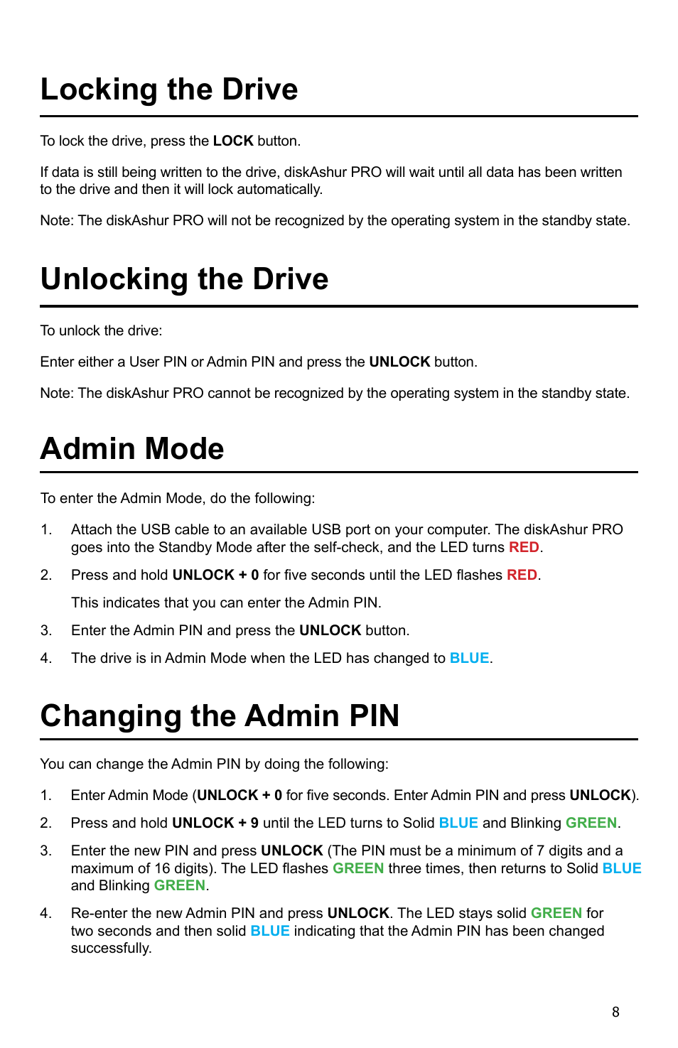 Locking the drive, Admin mode, Changing the admin pin | Unlocking the drive | iStorage diskAshur Pro Manual User Manual | Page 8 / 19