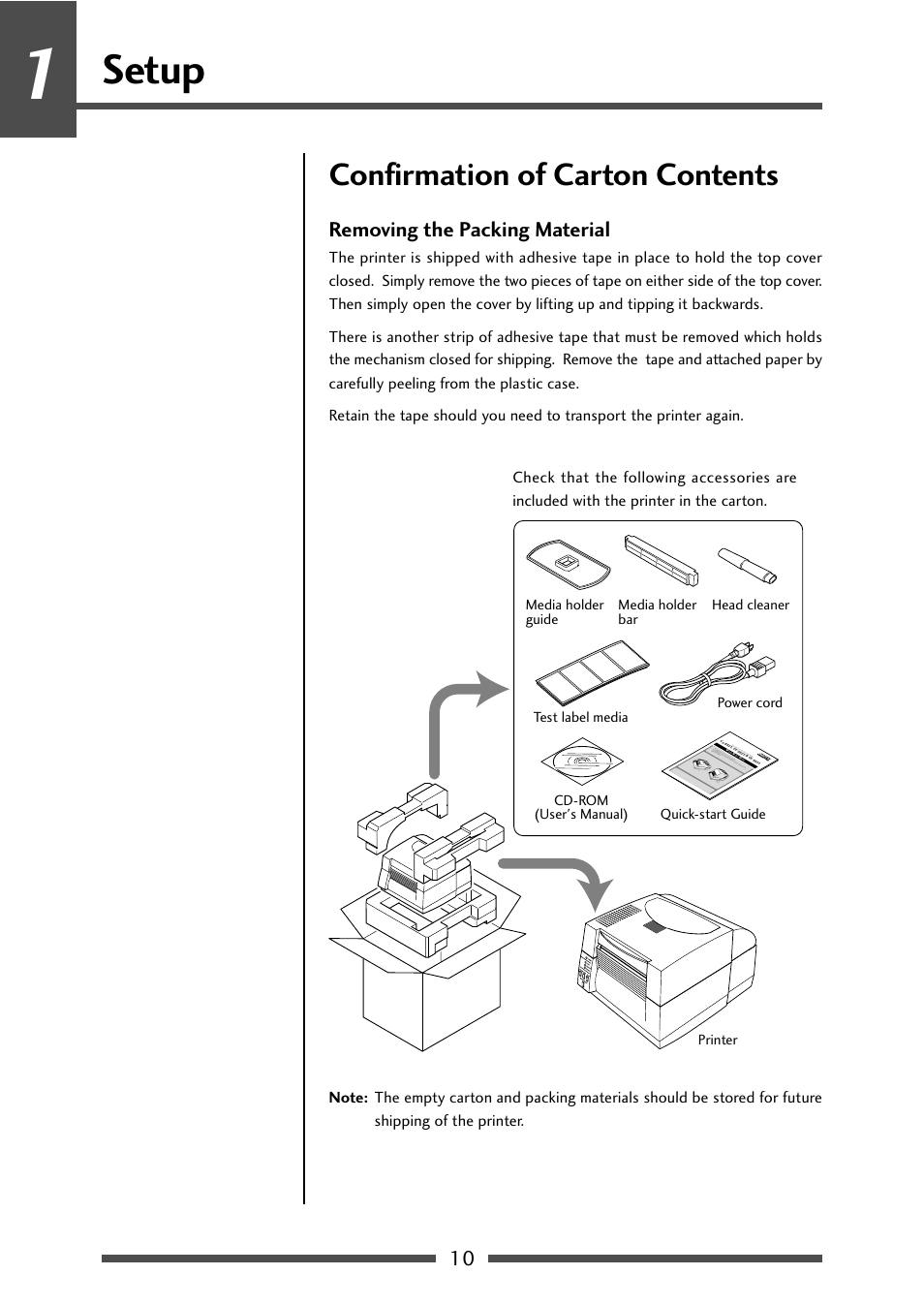 Setup, Confirmation of carton contents, Removing the packing material | CITIZEN CL-S521 User Manual | Page 10 / 57