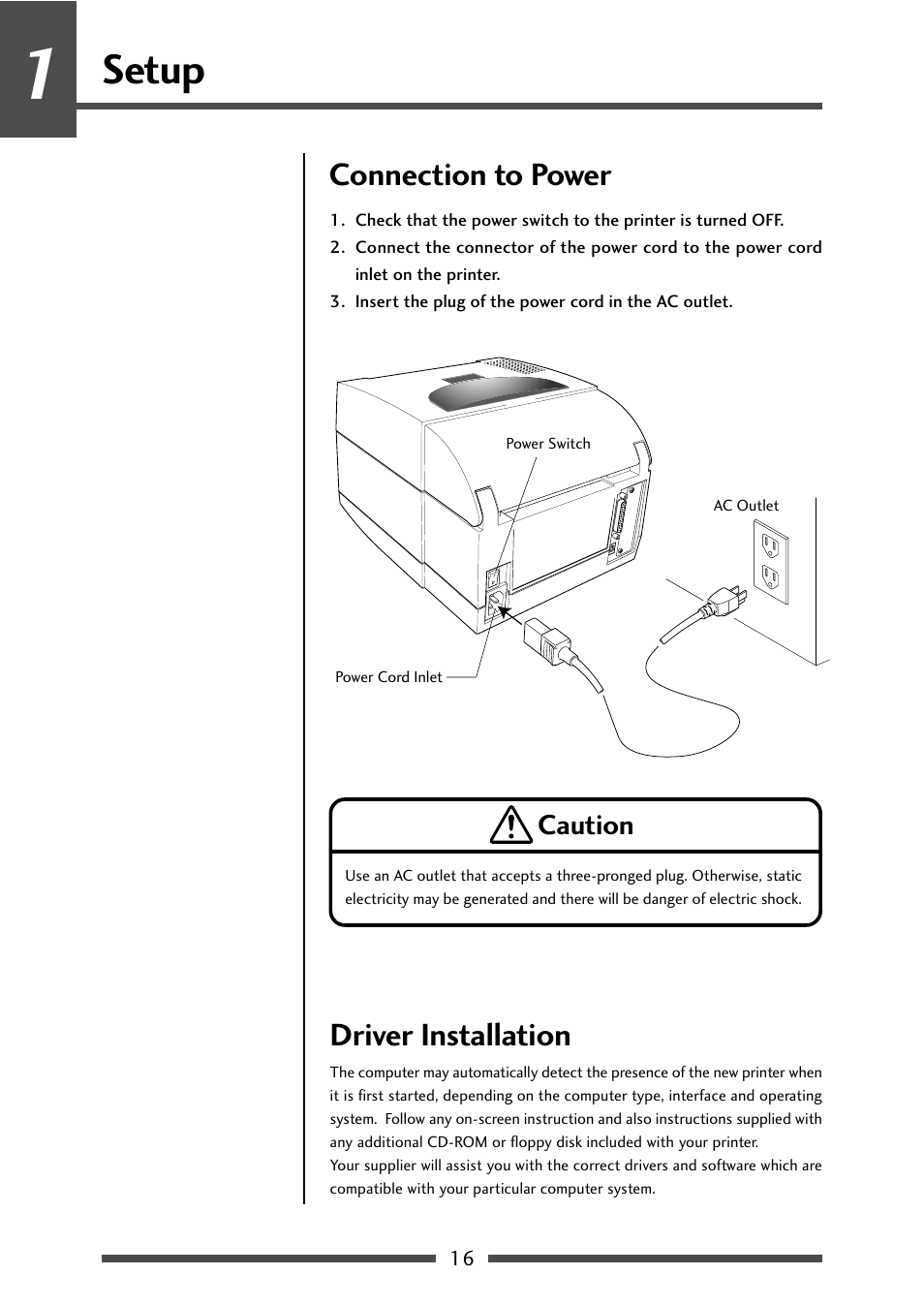 Connection to power, Driver installation, Connection to power driver installation | Connection to power (p.16), Setup | CITIZEN CL-S521 User Manual | Page 16 / 57