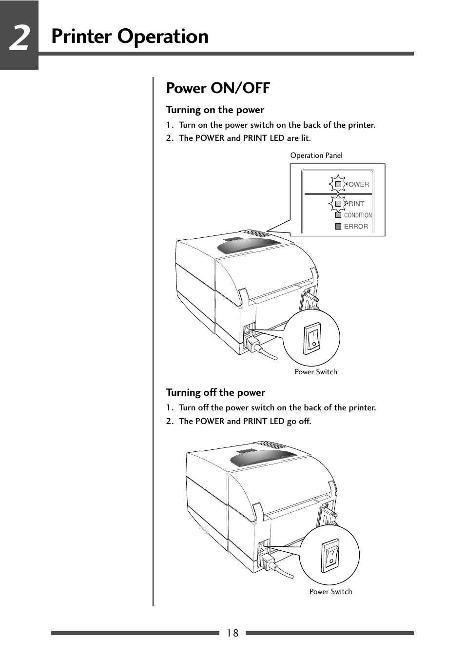 Printer operation, Power on/off, Turning on the power | Turning off the power, Power on/off (p.18) | CITIZEN CL-S521 User Manual | Page 18 / 57