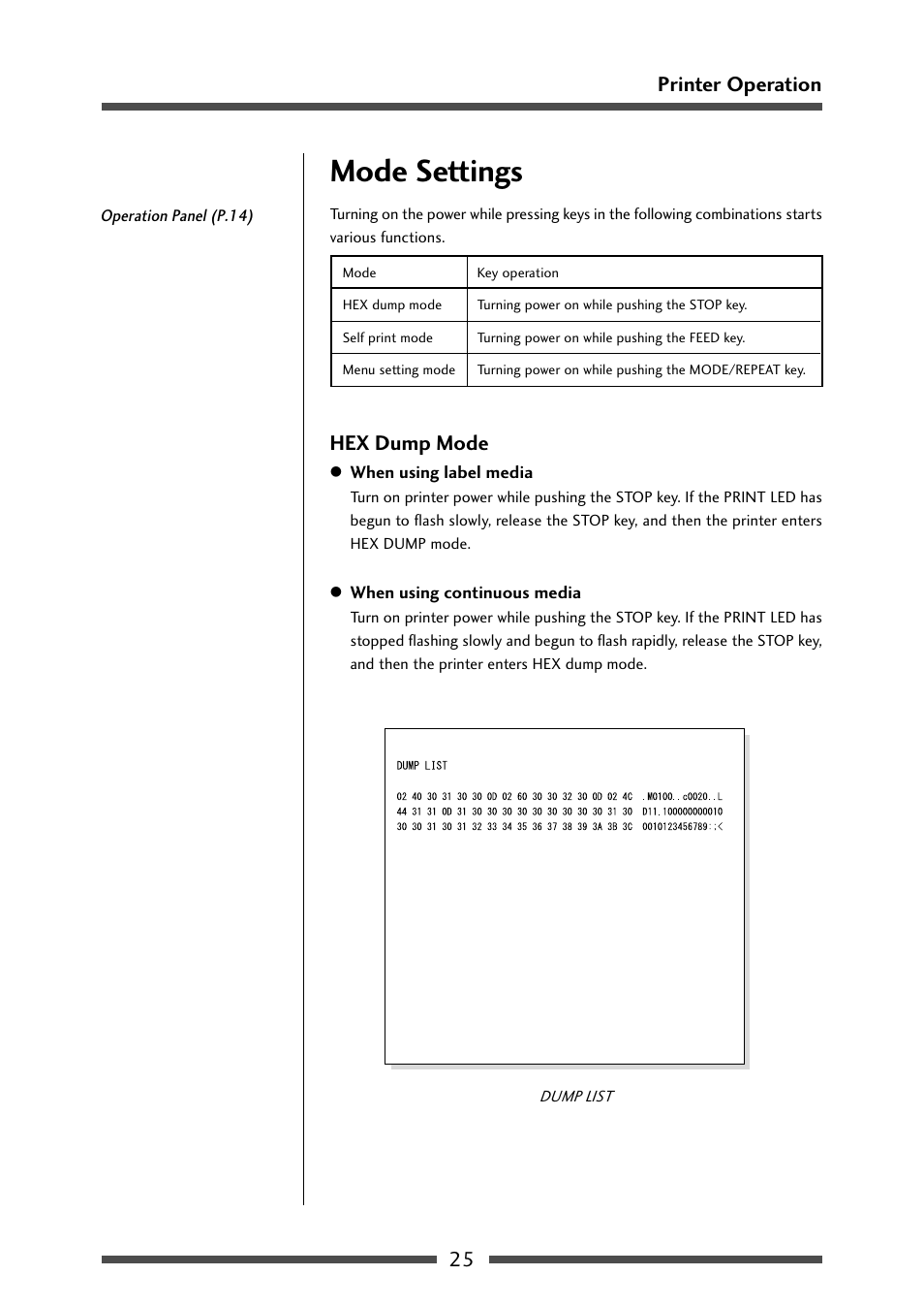 Mode settings, Hex dump mode | CITIZEN CL-S521 User Manual | Page 25 / 57
