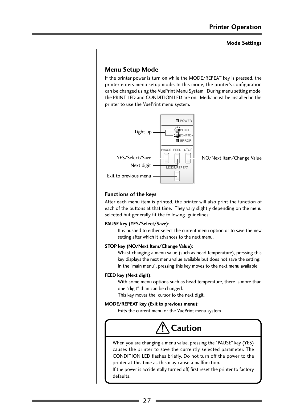 Menu setting mode, Caution | CITIZEN CL-S521 User Manual | Page 27 / 57