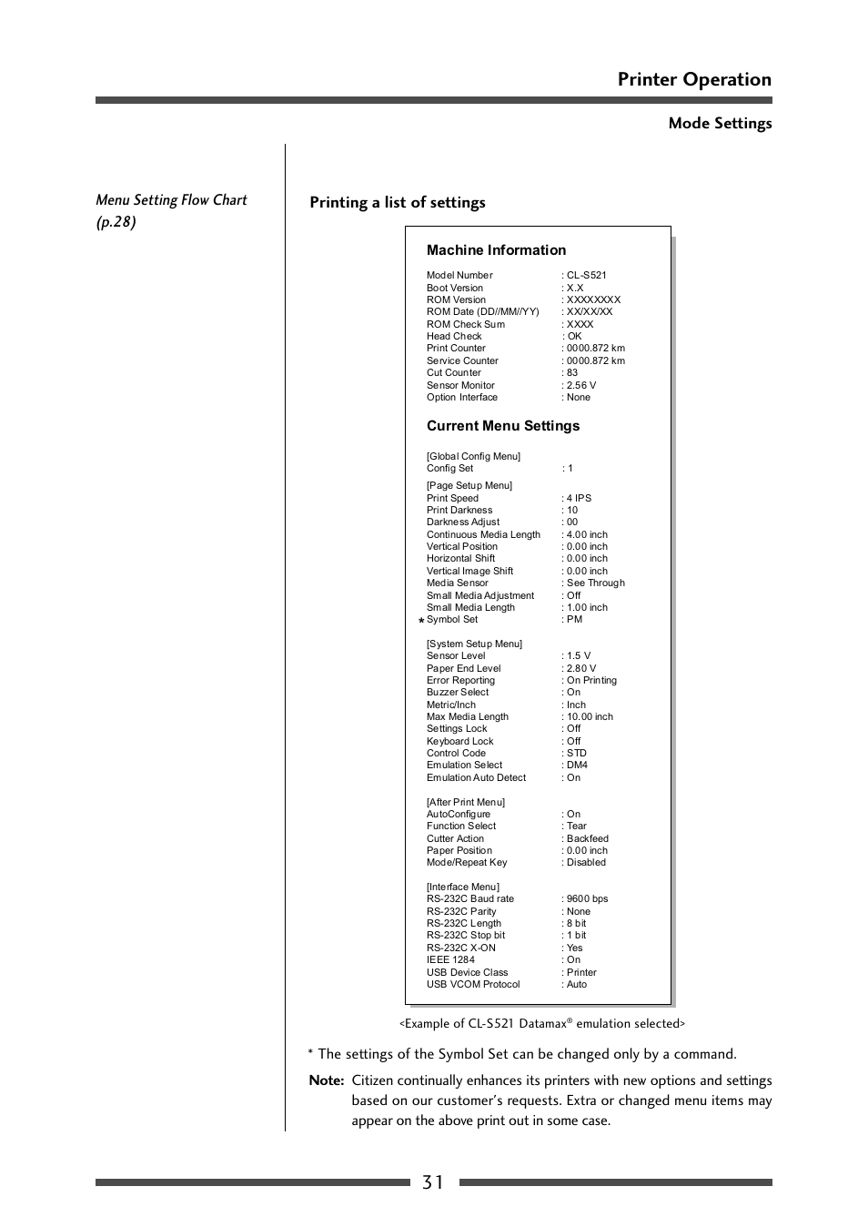 Example of printing (2/2), Printing a list of settings (p.31), 31 printer operation | Printing a list of settings, Mode settings | CITIZEN CL-S521 User Manual | Page 31 / 57