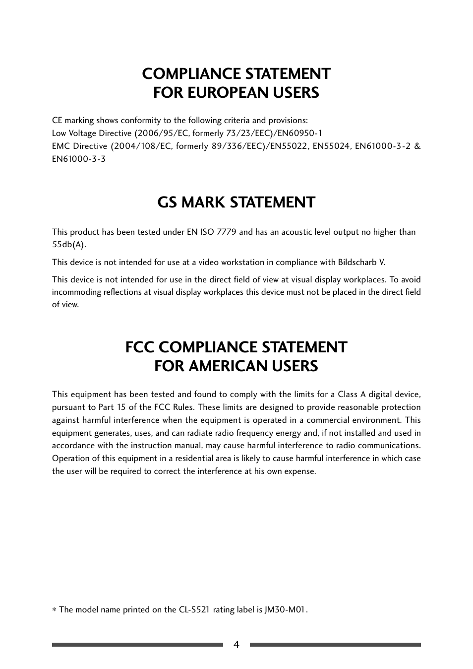 Compliance statement for european users, Gs mark statement, Fcc compliance statement for american users | CITIZEN CL-S521 User Manual | Page 4 / 57