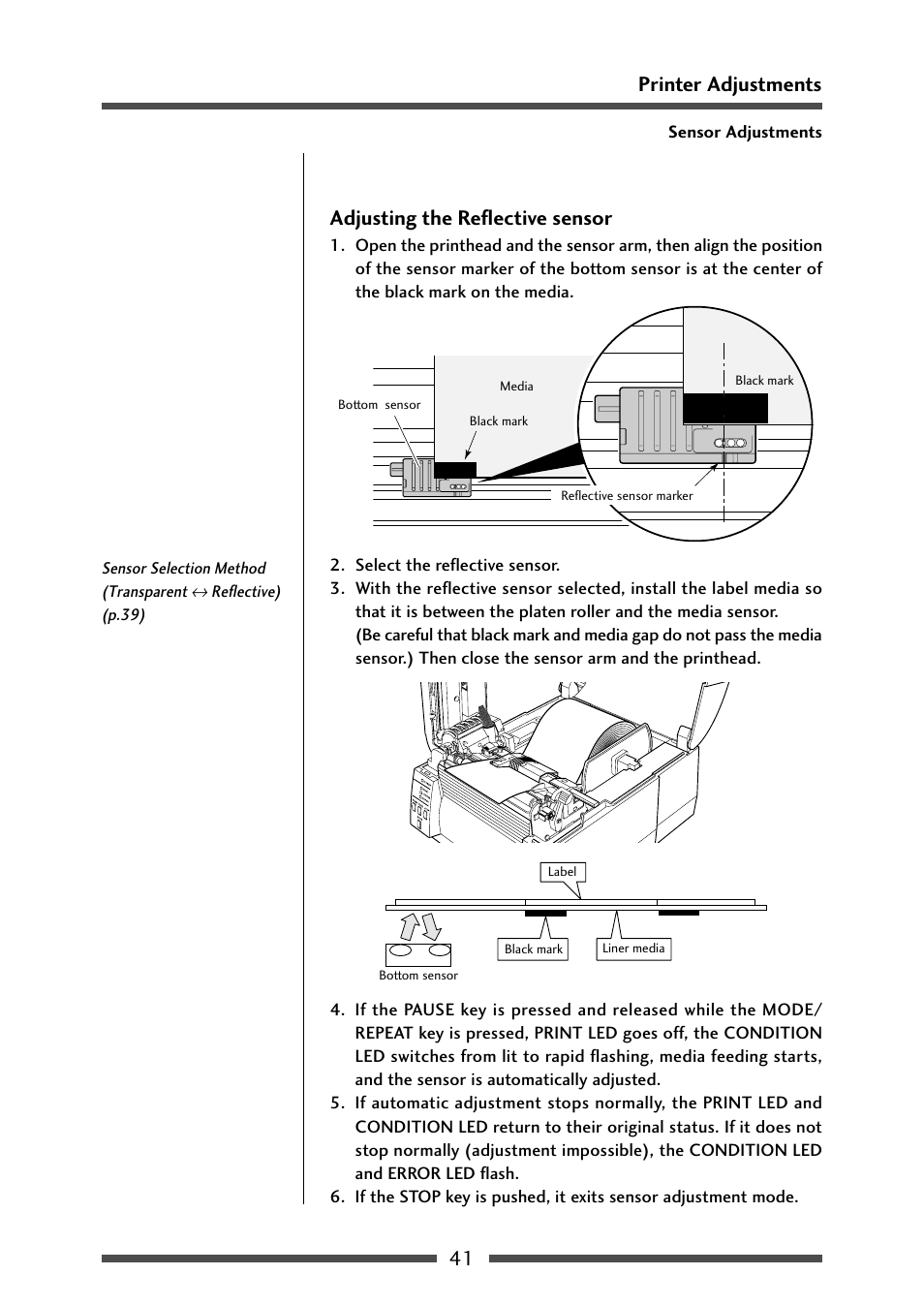 Adjusting the reflective type sensor, Adjusting the reflective sensor (p.41) | CITIZEN CL-S521 User Manual | Page 41 / 57