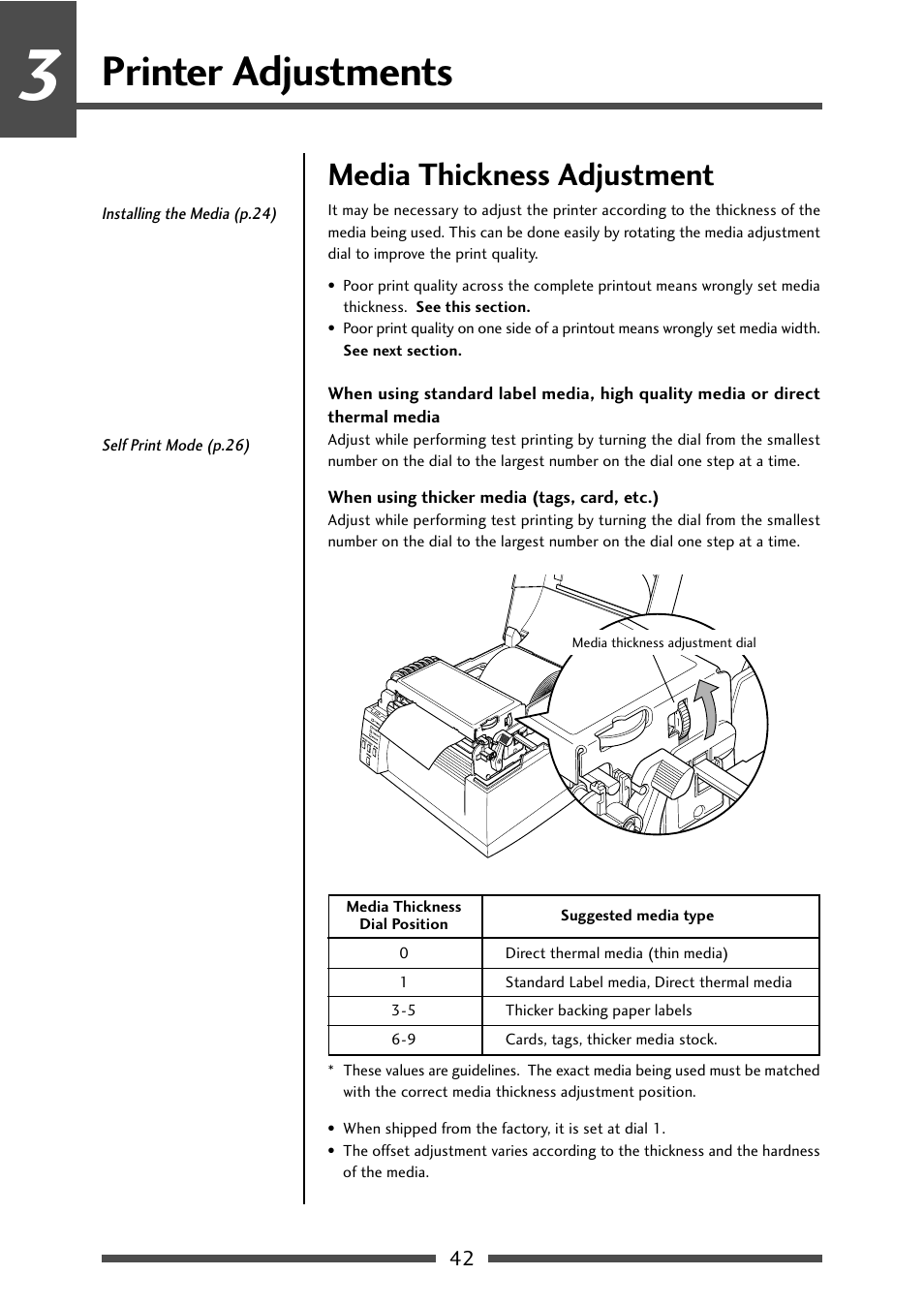 Media thickness adjustment, Printer adjustments | CITIZEN CL-S521 User Manual | Page 42 / 57