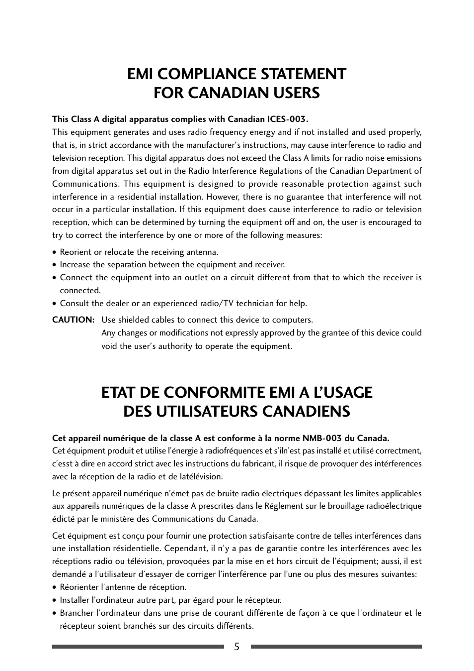 Emi compliance statement for canadian users | CITIZEN CL-S521 User Manual | Page 5 / 57