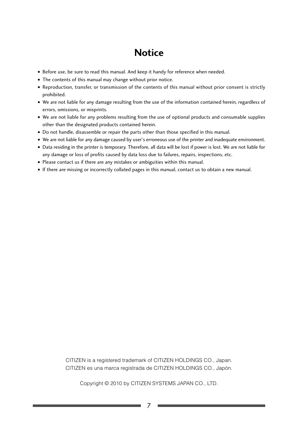 Notice | CITIZEN CL-S521 User Manual | Page 7 / 57