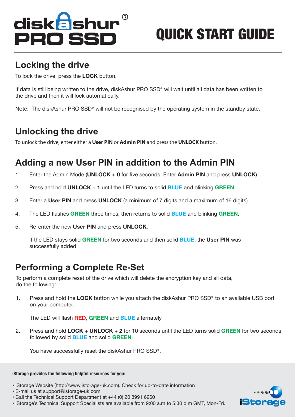 Quick start guide, Performing a complete re-set, Locking the drive | Unlocking the drive, Adding a new user pin in addition to the admin pin | iStorage diskAshur Pro SSD Quick Start Guide User Manual | Page 2 / 2