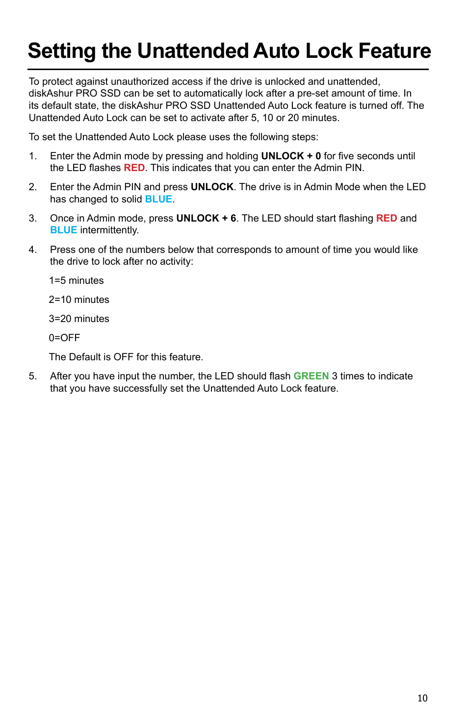 Setting the unattended auto lock feature | iStorage diskAshur Pro SSD Manual User Manual | Page 10 / 19