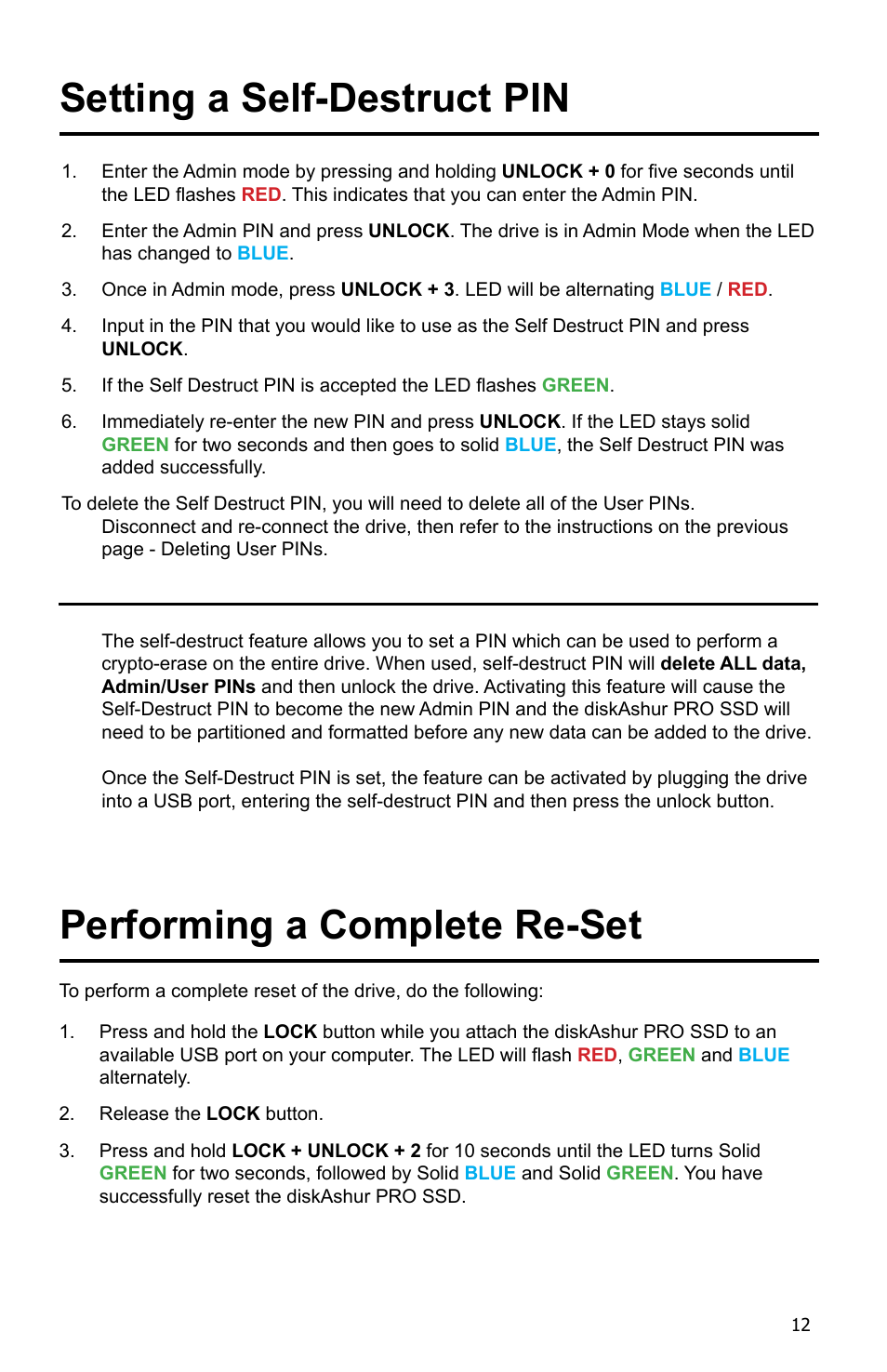 Setting a self-destruct pin, Performing a complete re-set | iStorage diskAshur Pro SSD Manual User Manual | Page 12 / 19