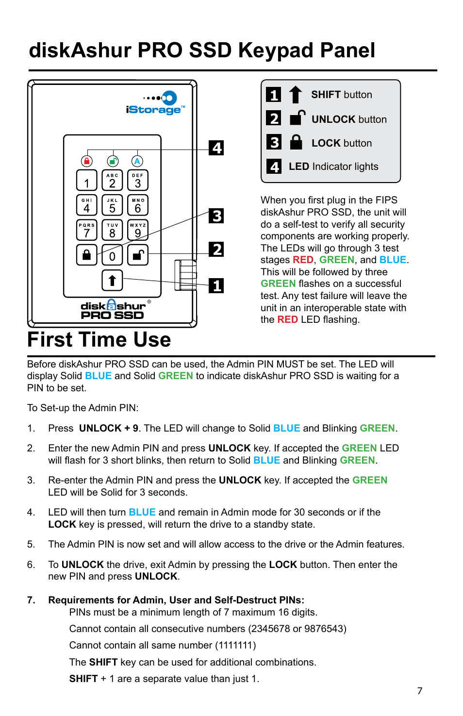 First time use, Diskashur pro ssd keypad panel | iStorage diskAshur Pro SSD Manual User Manual | Page 7 / 19