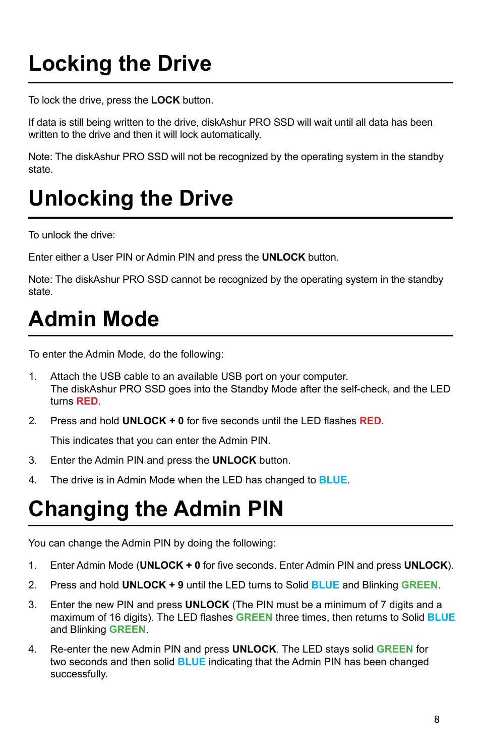 Locking the drive, Admin mode, Changing the admin pin | Unlocking the drive | iStorage diskAshur Pro SSD Manual User Manual | Page 8 / 19